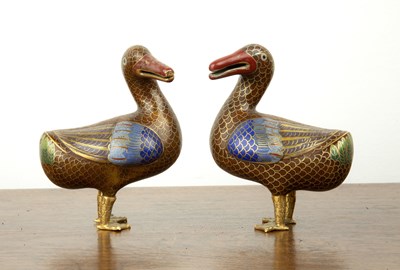 Lot 567 - Pair of cloisonne ducks Japanese modelled with...