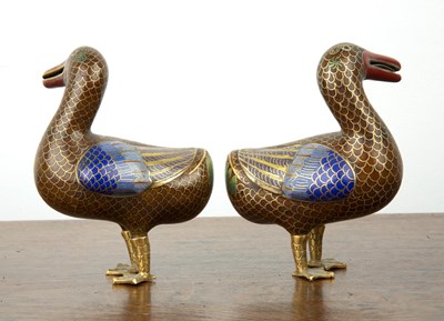 Lot 567 - Pair of cloisonne ducks Japanese modelled with...