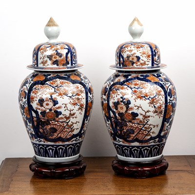 Lot 244 - Pair of Japanese imari vases and covers late...