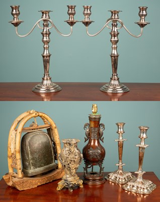 Lot 254 - A pair of silver plated candelabra (38cm high);...