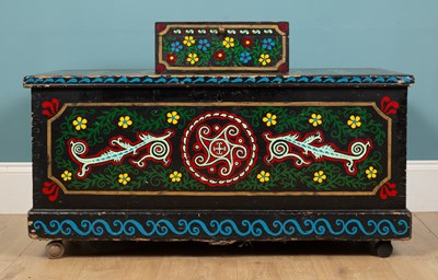 Lot 275 - A hand painted chest, carved wood, decorated...