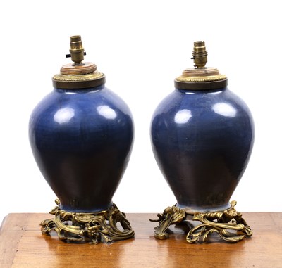 Lot 11 - Pair of blue ground porcelain and ormolu lamps...