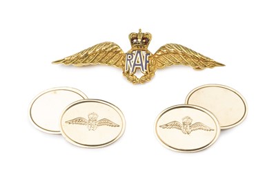 Lot 240 - A 9ct gold and enamel RAF wings brooch,...