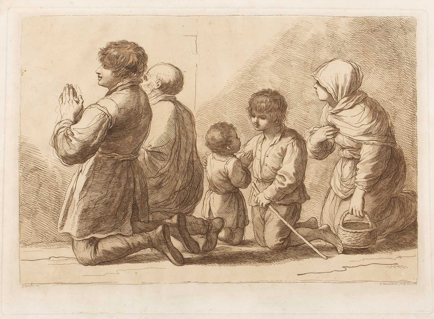 Lot 103 - F Bartolozzi after Guercino A family at prayer,...