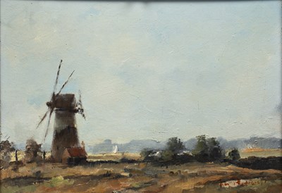 Lot 236 - Roy Petley (b.1951) Landscape with windmill,...