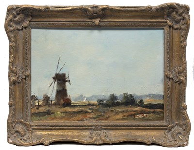 Lot 236 - Roy Petley (b.1951) Landscape with windmill,...