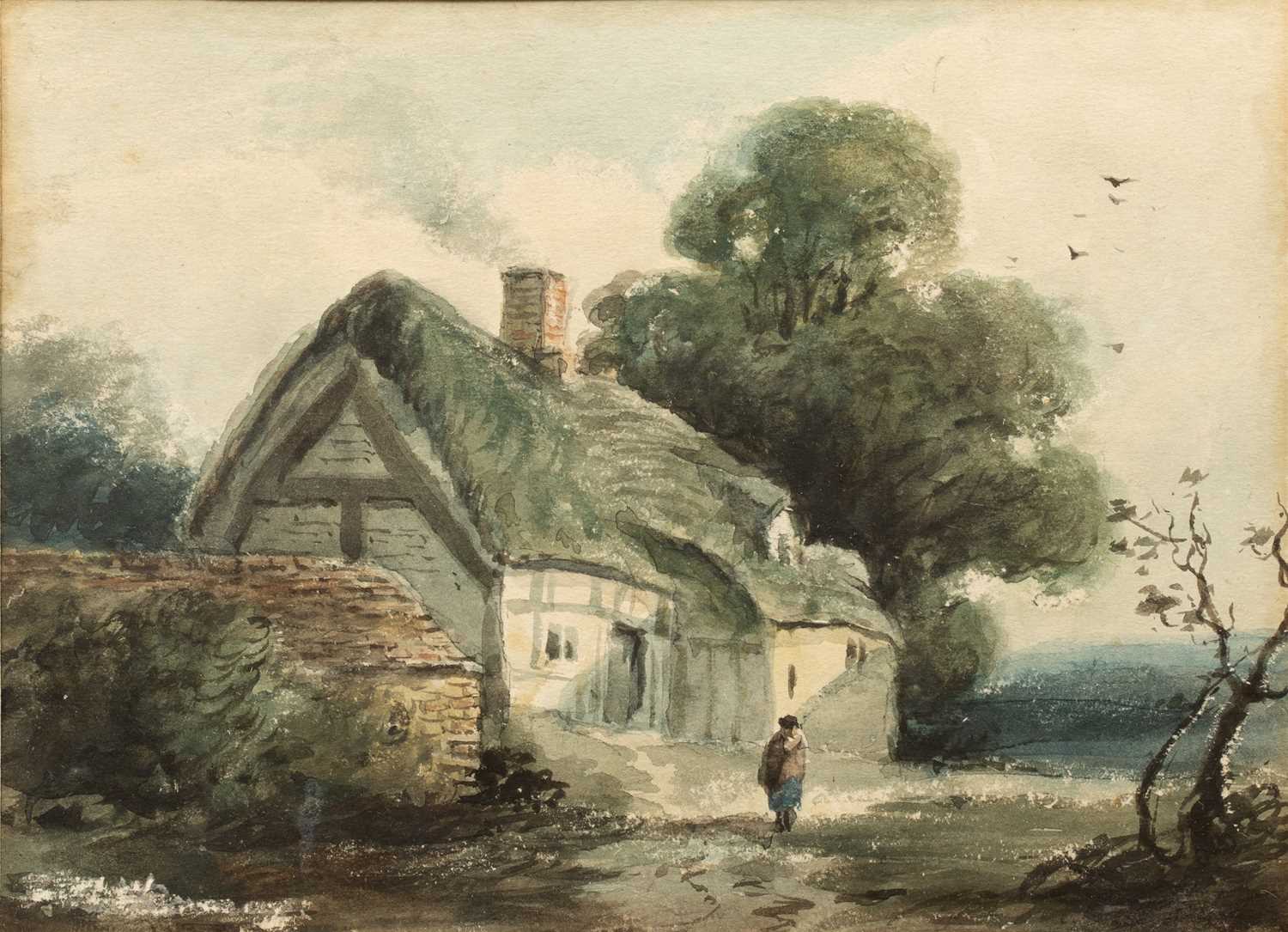 Lot 600 - English school, figure by a thatched cottage; a still life of flowers by Grace Carver and three others