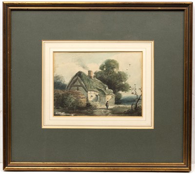 Lot 600 - English school, figure by a thatched cottage; a still life of flowers by Grace Carver and three others
