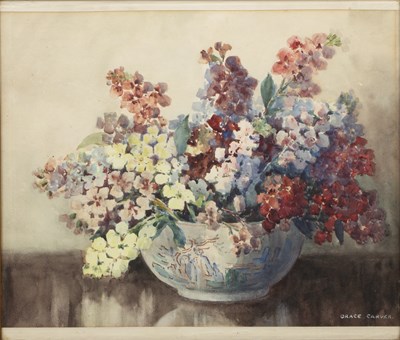 Lot 600 - English school, figure by a thatched cottage; a still life of flowers by Grace Carver and three others