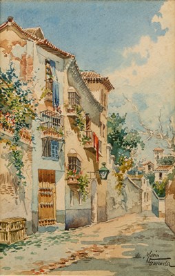 Lot 296 - Emile Marin (1876-1940) A Spanish town with...