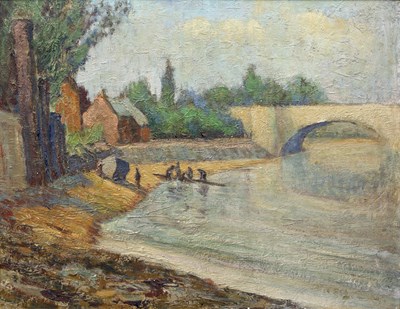 Lot 305 - 19th century French school A river bridge with...