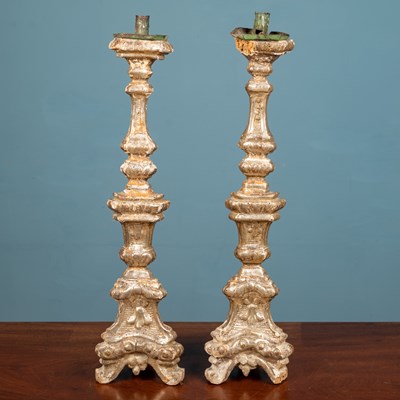 Lot 290 - A pair of 18th century style continental giltwood candlesticks