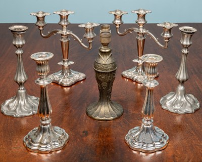 Lot 72 - An assortment of candelabras, silver plated, (7)