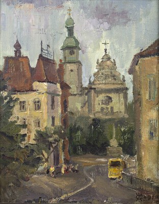 Lot 272 - Eastern European school A town with yellow bus,...