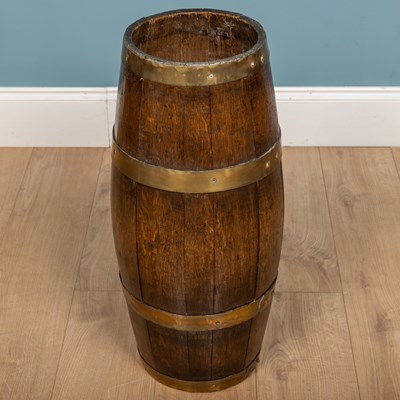 Lot 477 - A coopered brass bound stick stand; an oak coopered brass bound jug; and two jardinieres