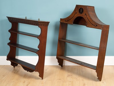 Lot 478 - A set of antique oak hanging wall shelves; together with a further set of hardwood wall shelves