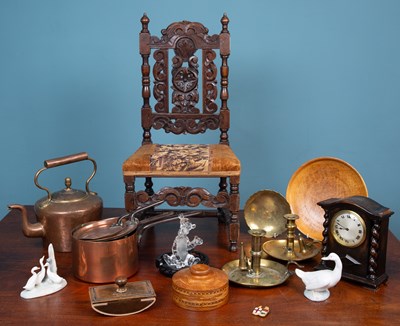 Lot 653 - An old oak child's chair in the Carolean style together with a group of metalware and ornaments