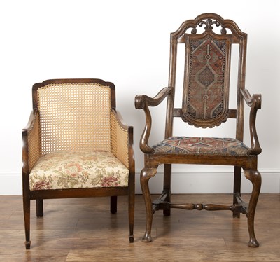 Lot 101 - Walnut framed hall chair Spanish, with a...