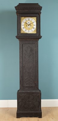 Lot 233 - An oak longcase clock, painted and ornately...