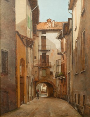 Lot 565 - An oil painting depicting 'Pavia, Vicolo Longobardi'