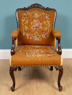 Lot 434 - A Louis XV style oak, beech and upholstered fauteuil and two chairs