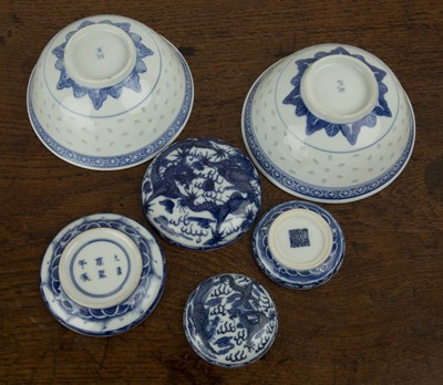 Lot 334 - Two blue and white porcelain paste pots...