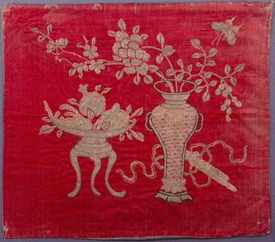 Lot 354 - Red silk altar panel Chinese embroidered with...