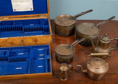 Lot 88 - A group of three copper saucepans and lids,...