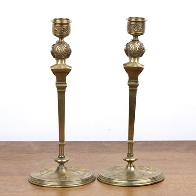 Lot 375 - Pair of Art Nouveau brass candlesticks...