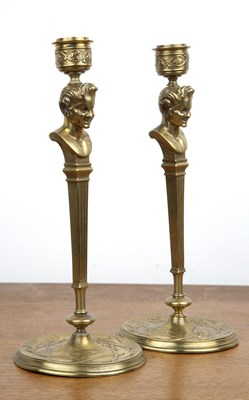 Lot 375 - Pair of Art Nouveau brass candlesticks...