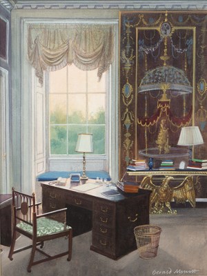 Lot 564 - Gerald Mynott A well furnished study interior,...