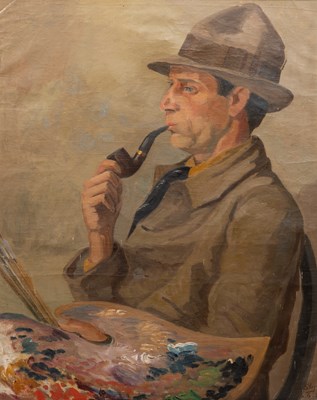 Lot 467 - A portrait of the artist smoking with pipe with his palette, Danish school