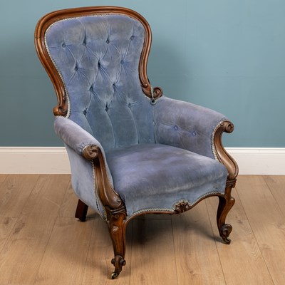 Lot 249 - A 19th century blue upholstered armchair, with...