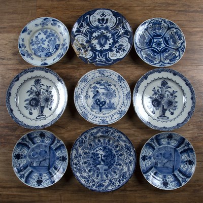 Lot 365 - Group of nine blue and white Delft plates...