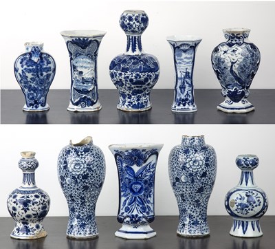 Lot 366 - Group of ten Delft blue and white vases...