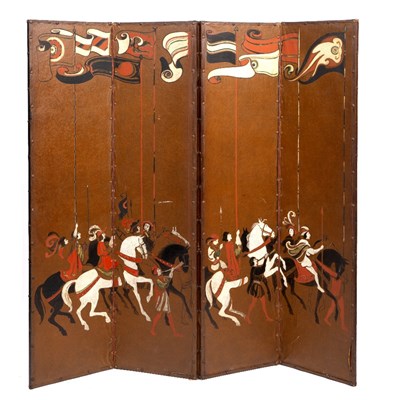 Lot 310 - A hand-painted four-fold leatherette screen...