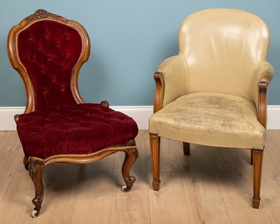 Lot 319 - A pair of chairs, one beige leather armchair,...