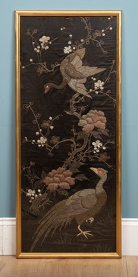 Lot 118 - A bird embroidery wall hanging, gilt framed,...