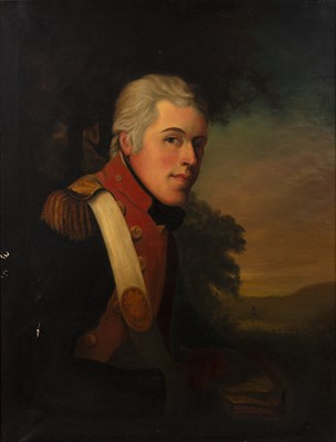 Lot 116 - Follower of Sir Henry Raeburn (b.1756-d.1823), Portrait of a military officer in a wooded clearing