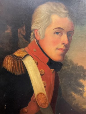 Lot 116 - Follower of Sir Henry Raeburn (b.1756-d.1823), Portrait of a military officer in a wooded clearing