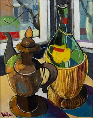 Lot 163 - Geoffrey Key (b.1941) 'Tibetan teapots', oil...