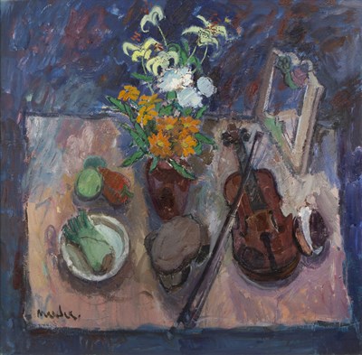 Lot 134 - Donald Manson (b.1948) Still life with violin,...