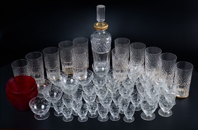 Lot 127 - A set of twelve cut glass whisky tumblers together with a similar decanter; together with a set of glasses