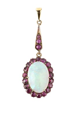 Lot 251 - An opal and ruby cluster pendant, the oval...