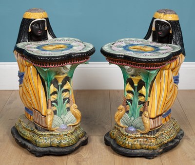 Lot 1230 - A pair of Majolica Egyptian Revival garden seats