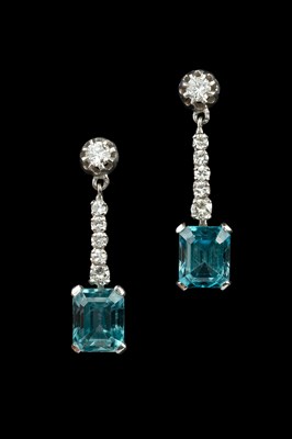 Lot 111 - A pair of blue zircon and diamond ear pendants,...