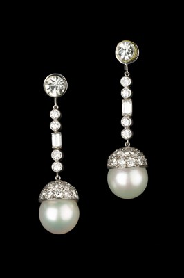 Lot 107 - A pair of cultured pearl and diamond ear...