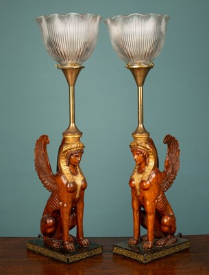 Lot 472 - A pair of French art deco empire gilded Sphinx table lamps