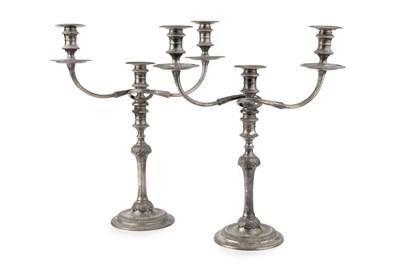 Lot 793 - A pair of silver three light candelabra, each...