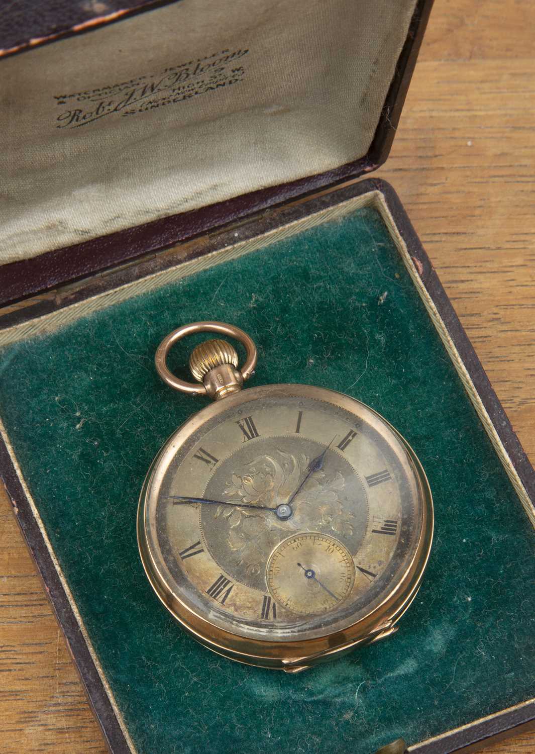 Lot 388 - 9ct gold cased pocket watch the engraved dial...